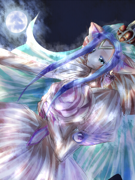 1girl agarte_lindblum animal_ears blue_eyes blue_hair crown dress dutch_angle earrings female_focus flower full_moon jewelry moon outdoors solo tales_of_(series) tales_of_rebirth