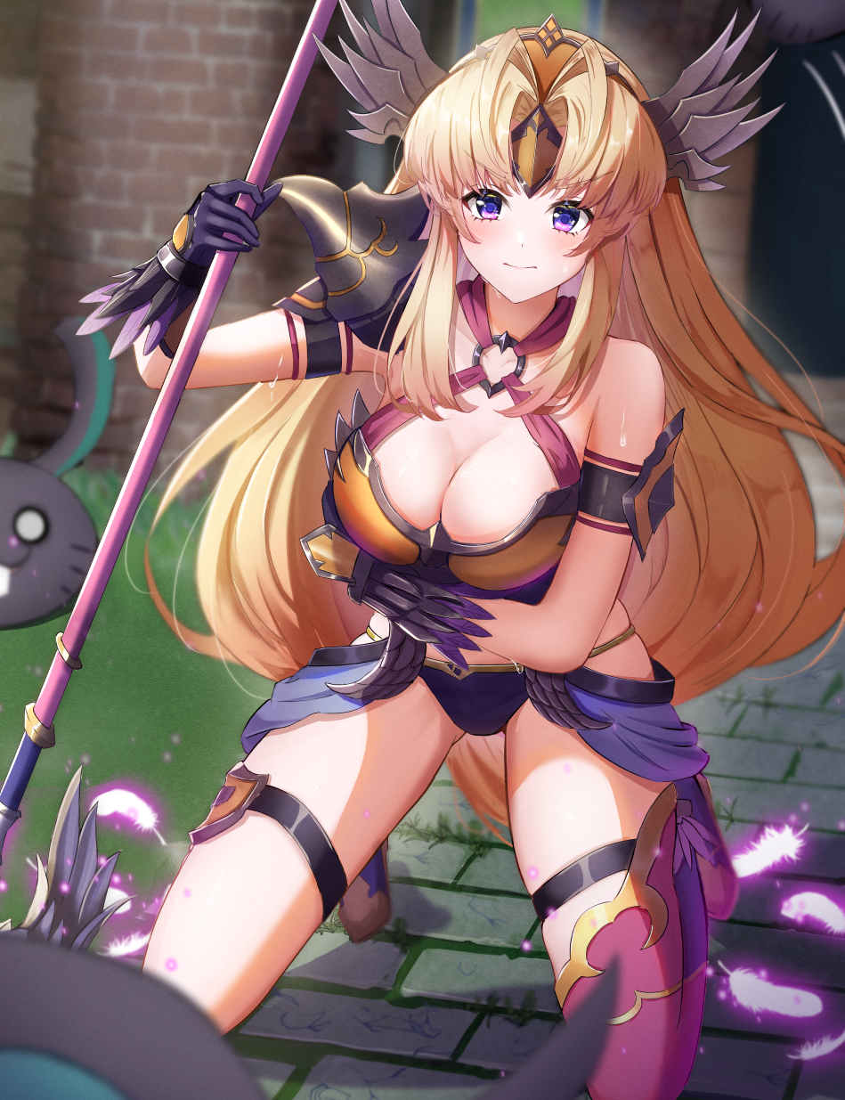 1girl arm_strap armor bikini_armor blonde_hair blue_skirt breasts defeat gao_kawa gloves headgear highres holding holding_polearm holding_weapon kneeling long_hair o-ring outdoors polearm purple_eyes riesz seiken_densetsu seiken_densetsu_3 showgirl_skirt single_bare_shoulder skirt spear thigh_strap weapon