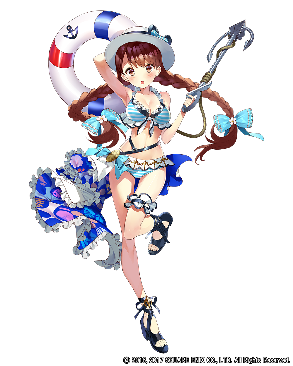 1girl anchor arm_garter bikini black_footwear blue_bikini blue_bow blush bow braid brown_hair dorothy_(grimms_notes) dorothy_(summer)_(grimms_notes) full_body gaou_(umaiyo_puyoman) grimms_notes hair_bow hat hat_bow high_heel_sandals high_heels highres holding lifebuoy long_hair looking_at_viewer official_art parted_lips sandals simple_background solo standing standing_on_one_leg striped_bikini striped_clothes swim_ring swimsuit toenails twin_braids watermark white_background