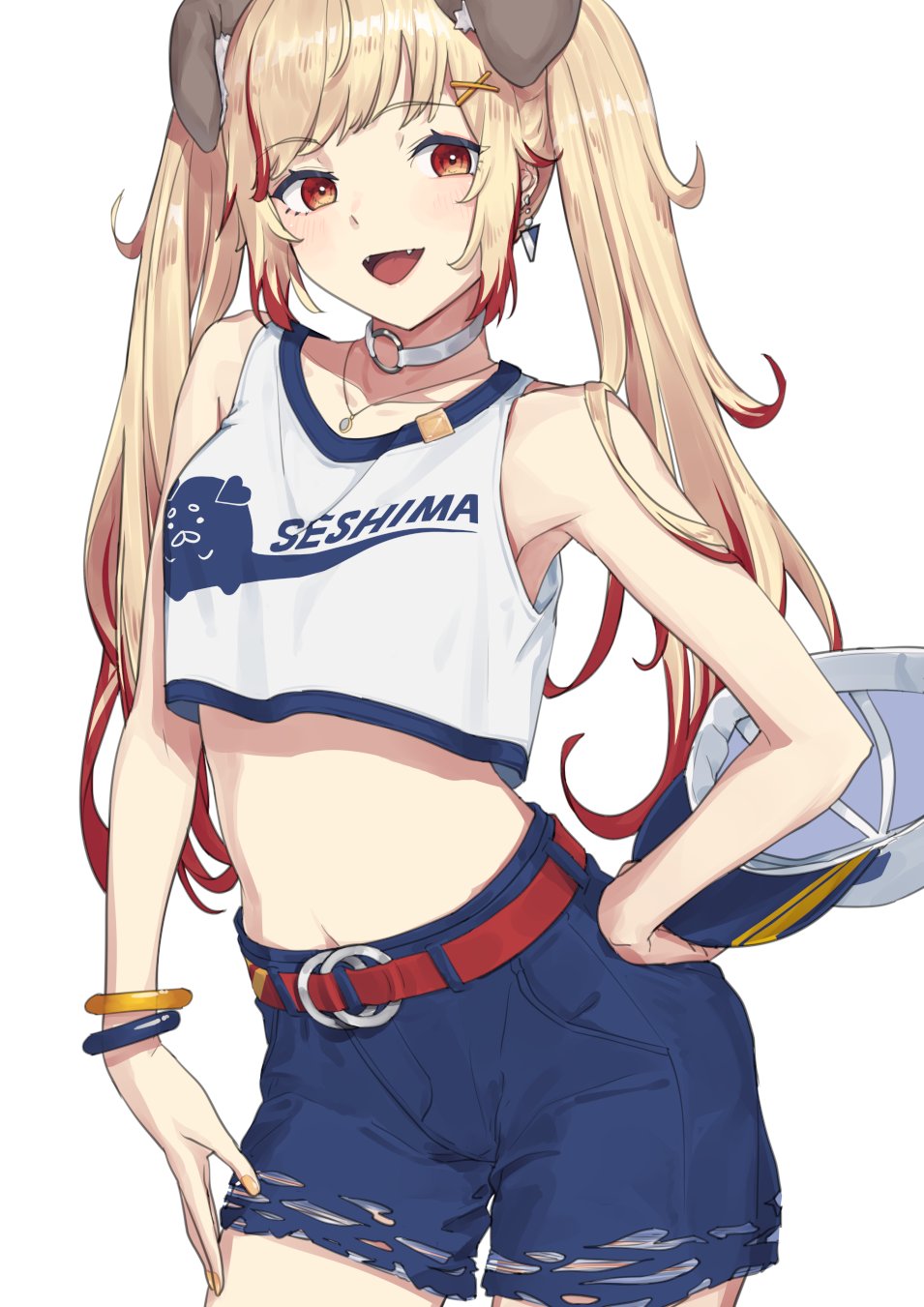 1girl animal_ears atsushima bangle baseball_cap belt blonde_hair blue_shorts blush bracelet breasts choker commentary_request contrapposto cowboy_shot crop_top dog_ears dog_girl earrings extra_ears fangs hat highres holding holding_hat holding_unworn_clothes jewelry long_hair looking_at_viewer midriff nanashi_inc. navel o-ring o-ring_choker open_mouth red_belt red_hair seshima_rui shirt shorts simple_background sleeveless sleeveless_shirt small_breasts smile solo torn_clothes torn_shorts twintails virtual_youtuber white_background white_choker white_hat white_shirt