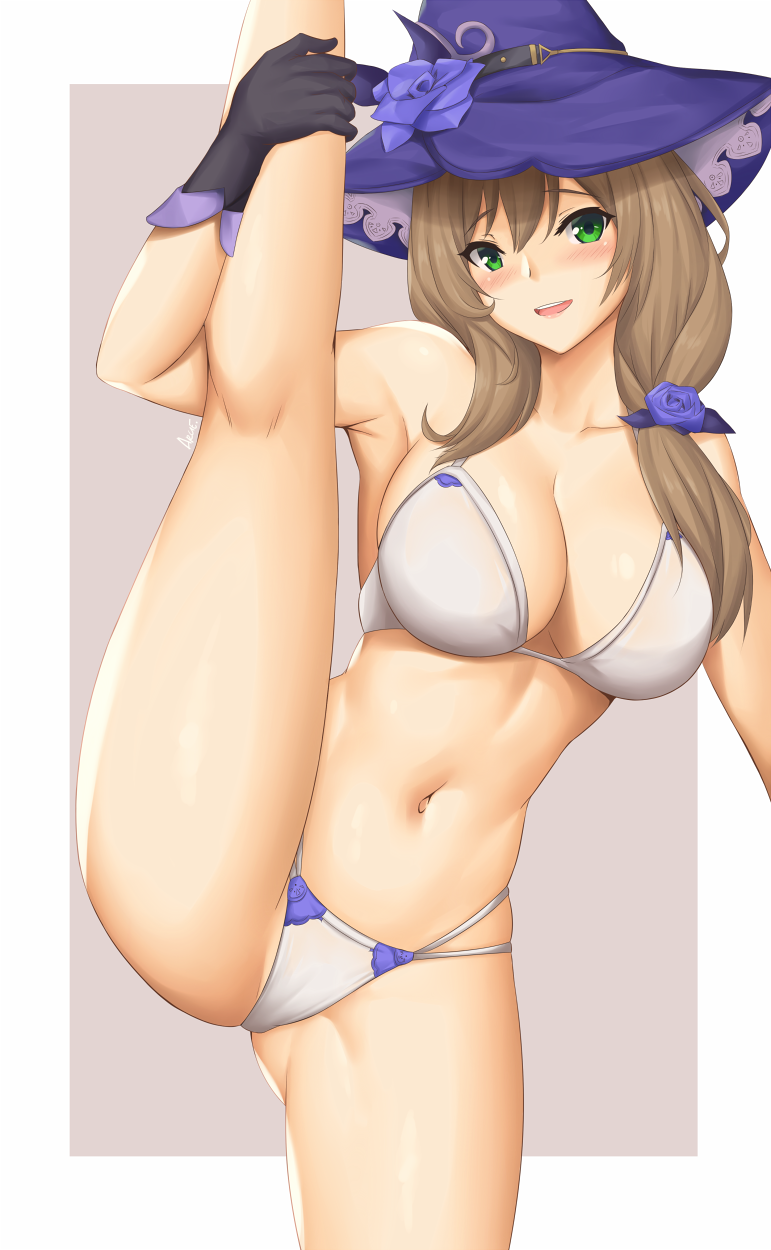 1girl arcie_albano bikini blue_flower blush breasts brown_hair cleavage flexible flower genshin_impact gloves green_eyes hair_between_eyes hair_ornament hat highres kneepits large_breasts leg_lift leg_up lisa_(genshin_impact) long_hair looking_at_viewer navel open_mouth rose skindentation smile solo split standing standing_on_one_leg standing_split stomach swimsuit thighs white_bikini witch_hat