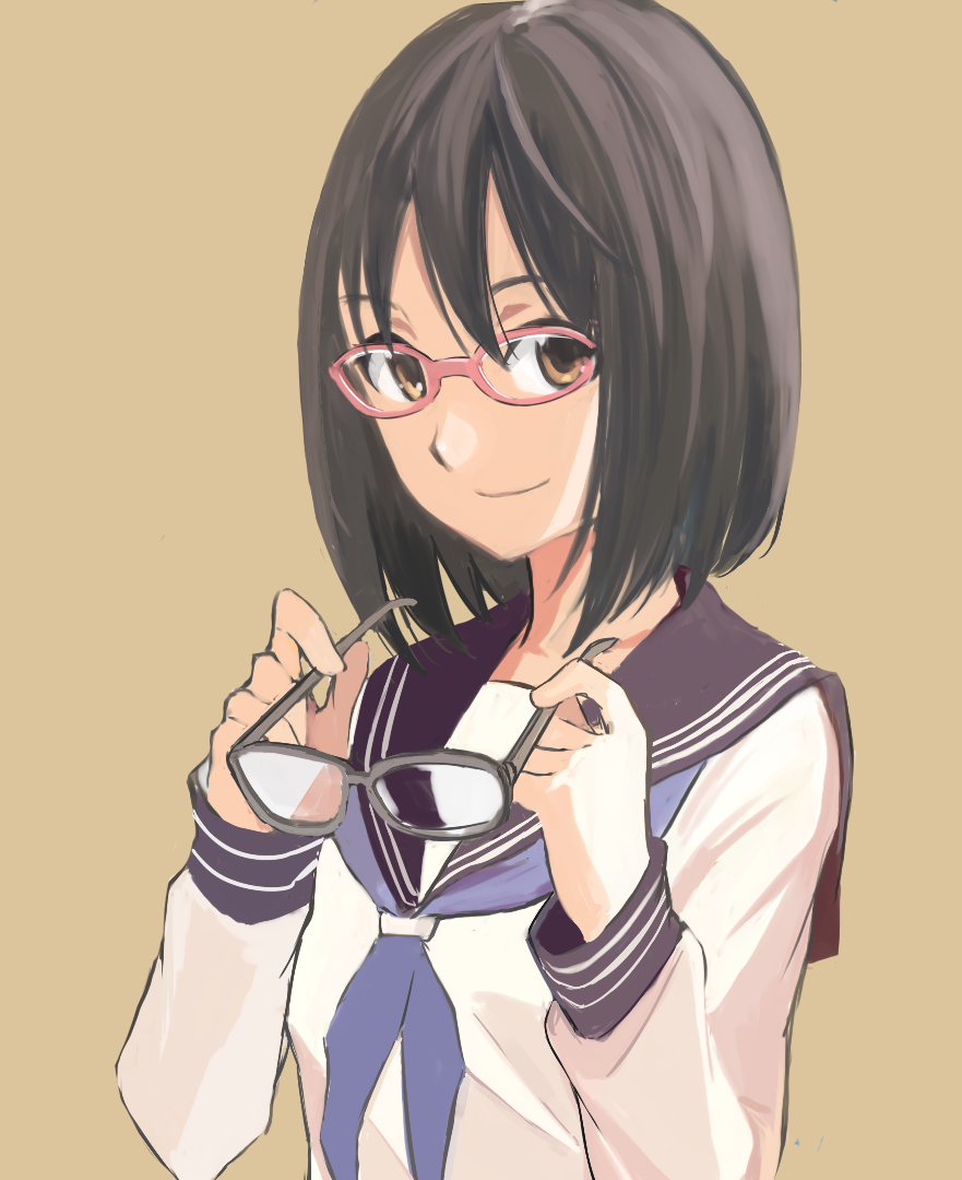 10s 1girl black_hair blush brown_eyes female_focus glasses idolmaster idolmaster_cinderella_girls kamijo_haruna looking_at_viewer matsuse_daichi school_uniform serafuku short_hair smile solo