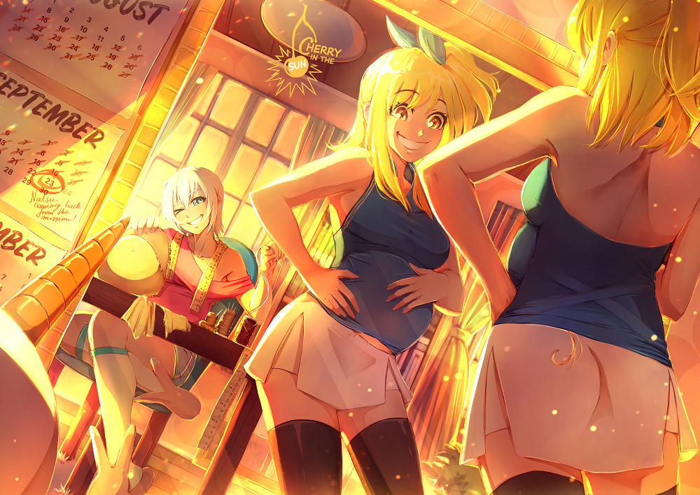 2girls ass bare_shoulders black_socks blonde_hair blue_eyes breasts calendar_(object) cherry_in_the_sun cleavage fairy_tail kneehighs lisanna_strauss looking_at_mirror lucy_heartfilia mirror multiple_girls one_eye_closed orange_eyes plue pregnant sewing shirt short_hair shorts skirt sleeveless smile socks thighhighs white_legwear zettai_ryouiki