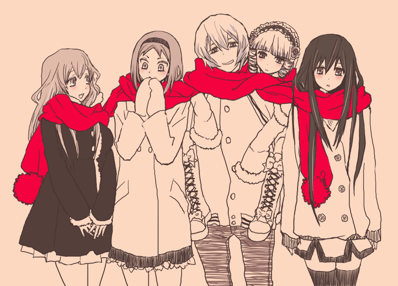 10s 1boy 4girls alternate_costume blush carrying coat gokukoku_no_brynhildr hairband head_tilt kazumi_schlierenzauer kiukko kuroha_neko lineup long_hair monochrome multiple_girls murakami_ryouta piggyback scarf shared_clothes shared_scarf short_hair smile spot_color standing tachibana_kana takatori_kotori thighhighs winter_clothes