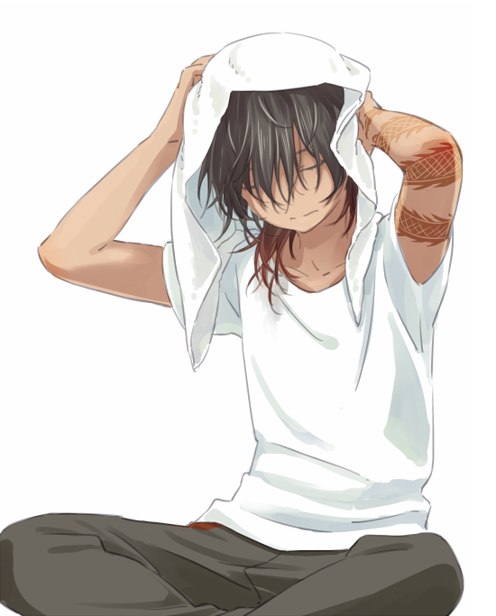 1boy aged_down arm_tattoo black_hair black_pants brown_hair closed_eyes closed_mouth dark-skinned_male dark_skin dragon_tattoo drying drying_hair indian_style leuco male_focus multicolored_hair ookurikara pants shirt simple_background sitting solo tattoo touken_ranbu towel towel_on_head upper_body white_background white_shirt