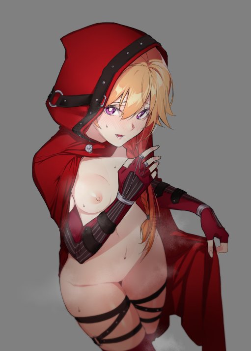 blonde_hair blush breasts cape choppy_bangs cloak covered_erect_nipples detached_sleeves fingerless_gloves from_above gloves hood hooded_cape hooded_cloak idolmaster idolmaster_cinderella_girls k52 navel ninomiya_asuka nipples nude o-ring simple_background small_breasts thigh_strap thighs