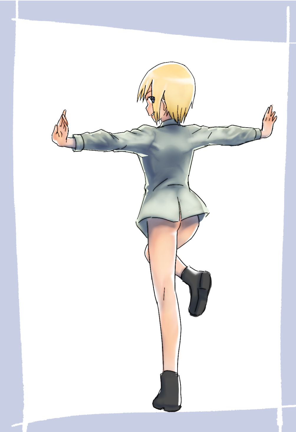 1girl ass blonde_hair blouse blue_eyes blush bottomless erica_hartmann highres no_panties shiri_chin shirt short_hair solo standing strike_witches white_shirt world_witches_series