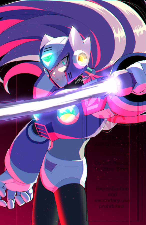 1boy armor chest_jewel cowboy_shot energy_sword forehead_jewel gradient_background grey_hair helmet holding holding_sword holding_weapon male_focus mega_man_(series) mega_man_x6 mega_man_x_(series) purple_armor purple_helmet red_background simple_background solo sword sznami129 watermark weapon z_saber zero_nightmare_(mega_man)