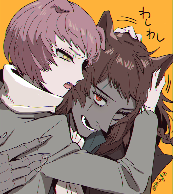 2boys animal_ears arm_around_back ascot basilio_(metaphor:_refantazio) black_jacket braid brothers brown_hair brown_jacket cat_boy commentary_request dark-skinned_male dark_skin eyelashes fangs fidelio_(metaphor:_refantazio) fingernails folded_ear hand_on_another&#039;s_back hand_on_another&#039;s_head jacket long_sleeves looking_at_another lower_teeth_only m_s_gz male_focus metaphor:_refantazio motion_lines multiple_boys one_eye_closed open_mouth orange_background purple_hair red_eyes rubbing_head sharp_fingernails shirt siblings side_braid simple_background single_braid teeth turtleneck twitter_username white_ascot white_shirt yellow_eyes