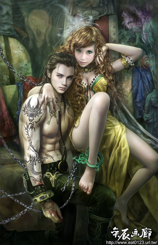 1boy 1girl abs anklet barefoot blue_eyes bracelet brown_hair chain couple eat eat0123 ekishin feet fine_art_parody green_eyes hetero jewelry key keyring parody photorealistic realistic red_hair tattoo the_scream tipless topless_male