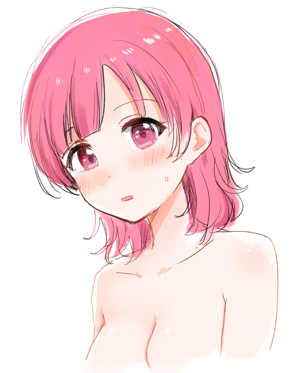 asumi-chan_wa_rezu_fuuzoku_ni_kyoumi_ga_arimasu! blush breasts collarbone commentary_request cropped_torso dot_nose embarrassed highres itsuki_kuro kusumoto_asumi looking_at_viewer medium_breasts medium_hair nude official_art open_mouth red_eyes red_hair simple_background sketch sweatdrop unfinished white_background