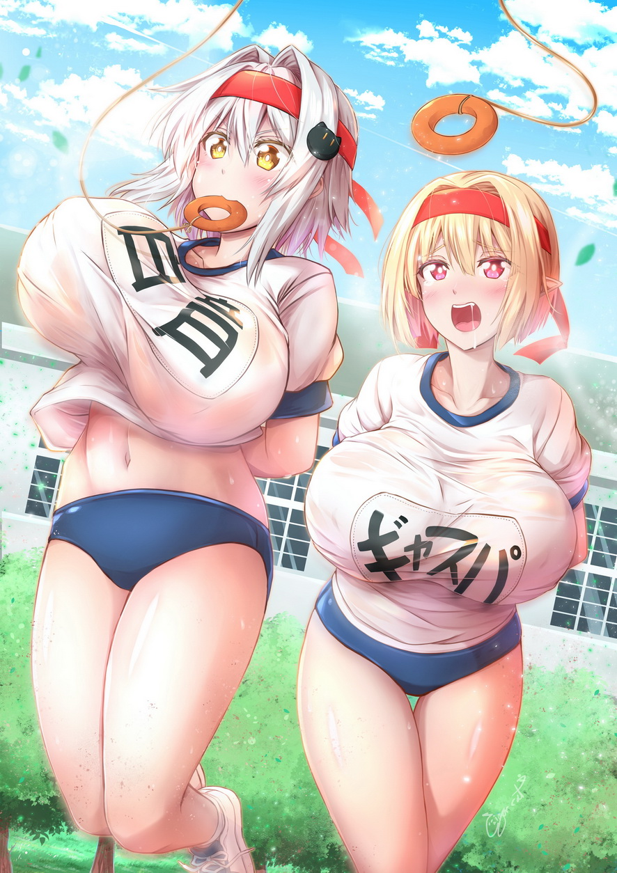 2girls alternate_breast_size blonde_hair blue_sky breasts buruma cat_hair_ornament cigar_cat cloud doughnut food gasper_vladi genderswap genderswap_(mtf) gym_uniform hair_ornament hands_tied_behind_back headband high_school_dxd highres huge_breasts multiple_girls name_tag navel open_mouth pink_eyes pointy_ears red_headband saliva short_hair sky sports_festival thick_thighs thighs toujou_koneko white_hair yellow_eyes