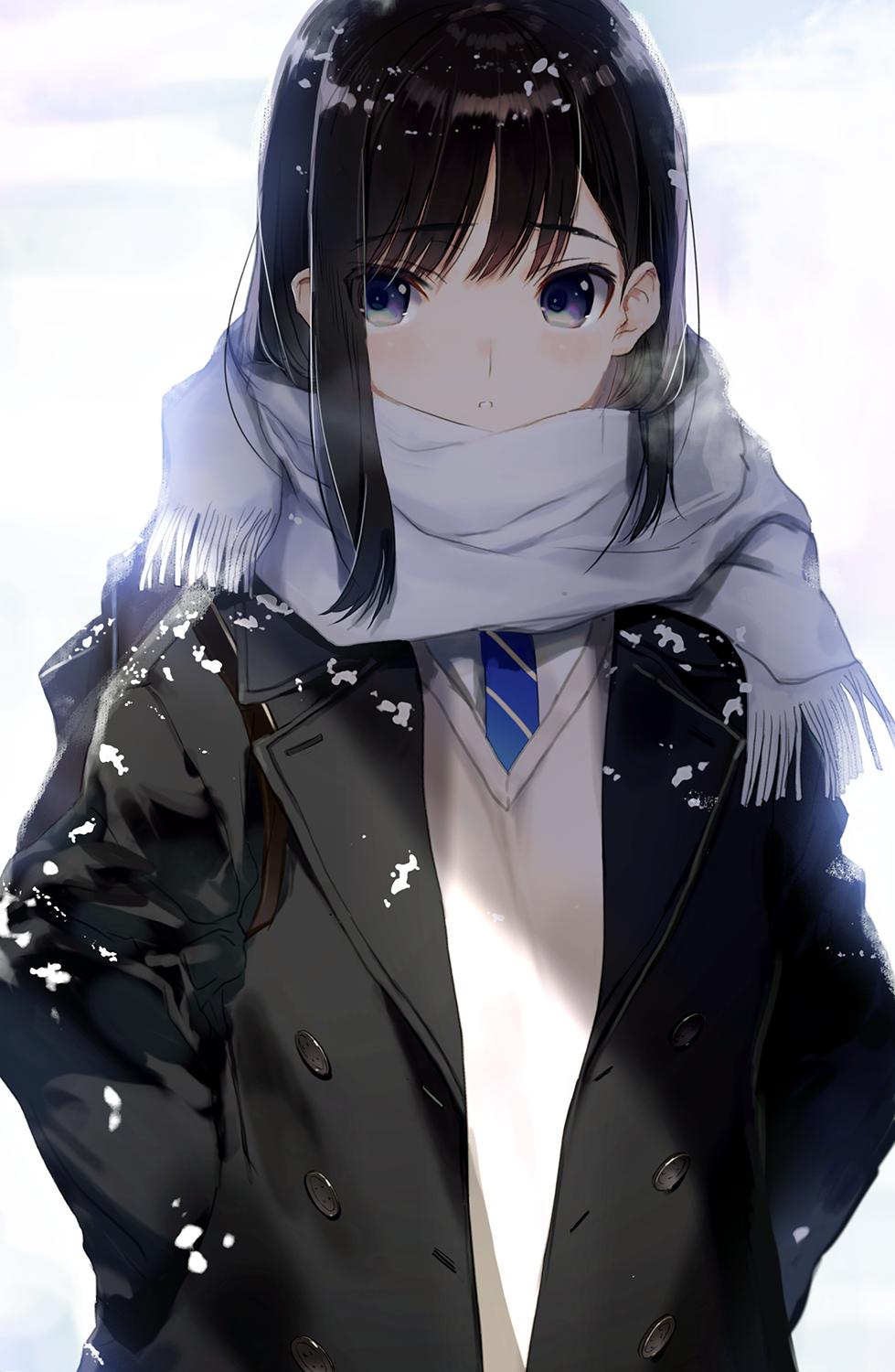 1girl black_coat black_hair blue_eyes blue_necktie blurry blurry_background breath buttons coat eyes_visible_through_hair fringe_trim hair_between_eyes hands_in_pockets highres long_hair long_sleeves looking_at_viewer nakamura_takeshi necktie original outdoors parted_lips scarf school_uniform shadow shirt sidelocks snow snowing solo upper_body v-neck vest white_background white_scarf white_shirt winter winter_clothes