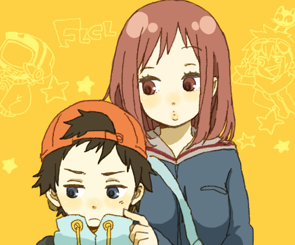 00s 1boy 1girl :o blue_serafuku blush brown_eyes brown_hair flcl frown hat nandaba_naota samejima_mamimi school_uniform serafuku yellow_background yukke