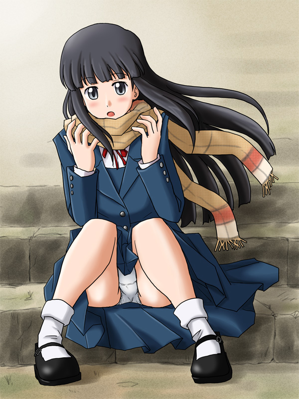 1girl black_eyes black_footwear black_hair blunt_bangs blush female_focus hime_cut jacket lielos long_hair long_sleeves looking_at_viewer mary_janes miniskirt open_mouth original panties pantyshot pleated_skirt ribbon sakamoto_miko scarf school_uniform shirt shoes sitting sitting_on_stairs skirt socks solo stairs underwear upskirt white_panties white_shirt white_socks