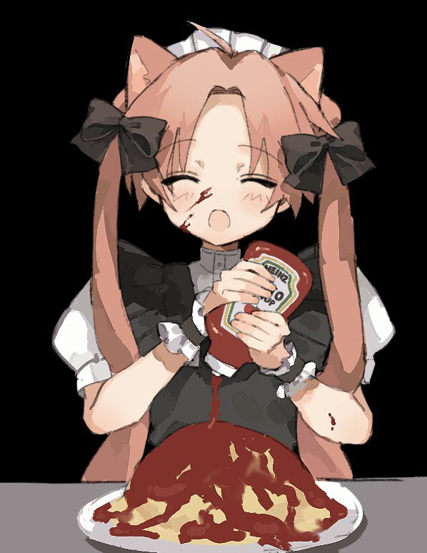 1girl animal_ears black_background black_bow black_shirt bow cat_ears closed_eyes food hair_bow holding kmnk_(kumanuko) long_hair omelet omurice open_mouth original pink_hair plate pouring puffy_sleeves sauce shirt solo table tomato_sauce twintails very_long_hair