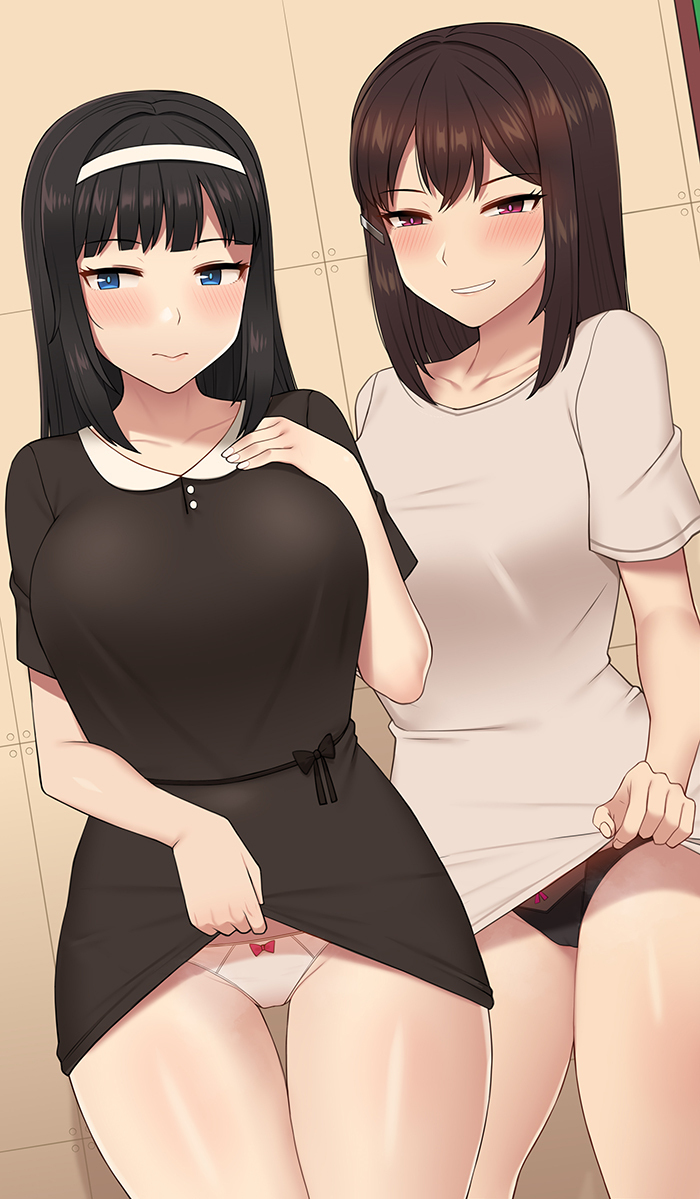 2girls black_dress black_hair black_panties blue_eyes blush bow bow_panties breasts brown_hair brown_shirt closed_mouth clothes_lift collarbone commentary cowboy_shot dress dress_lift grin hairband hand_on_own_chest large_breasts lifting_own_clothes long_hair looking_at_viewer multiple_girls nt00 original paid_reward_available panties pink_eyes sena_(nt00) shirt shirt_lift short_sleeves smile standing underwear white_hairband white_panties yumi_(nt00)