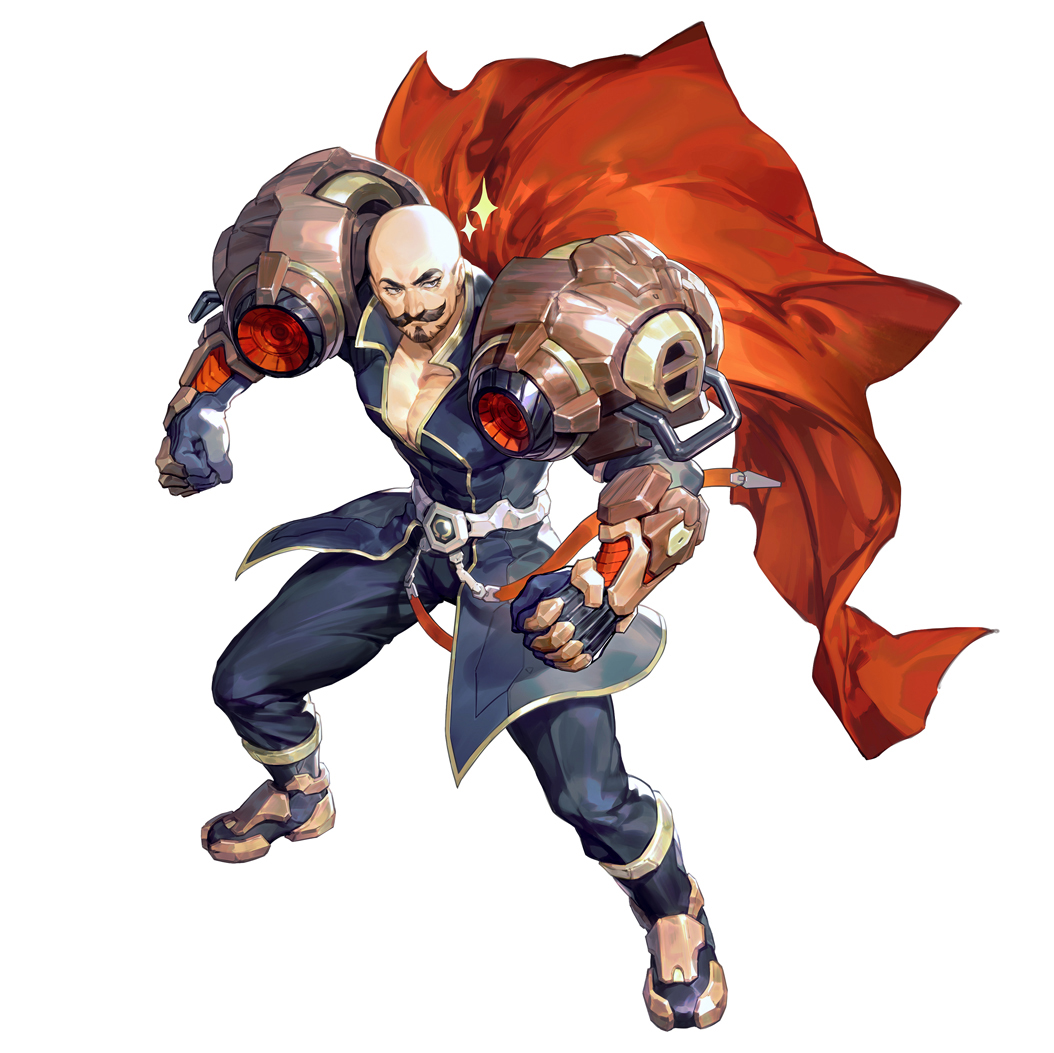 1boy armor armored_boots bald beard blue_bodysuit bodysuit boots brown_eyes cape character_request chinese_commentary clenched_hands commentary covered_abs facial_hair fighting_stance forehead full_body gauntlets hangleing iron_saga male_focus muscular muscular_male mustache official_art pectorals red_cape shoulder_armor simple_background solo tachi-e thick_eyebrows v-neck white_background