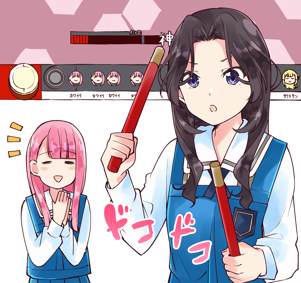 22/7 2girls asymmetrical_bangs blue_skirt blunt_bangs blush_stickers drum drumsticks grey_eyes grey_hair hair_intakes holding holding_drumsticks instrument kamiki_mikami long_hair long_sleeves multiple_girls notice_lines orihara_sumika own_hands_together parted_bangs pink_hair playing_games pleated_skirt shirt skirt solo_focus sound_effects taiko_drum taiko_no_tatsujin taiko_sticks trefle_r upper_body video_game wavy_hair white_shirt