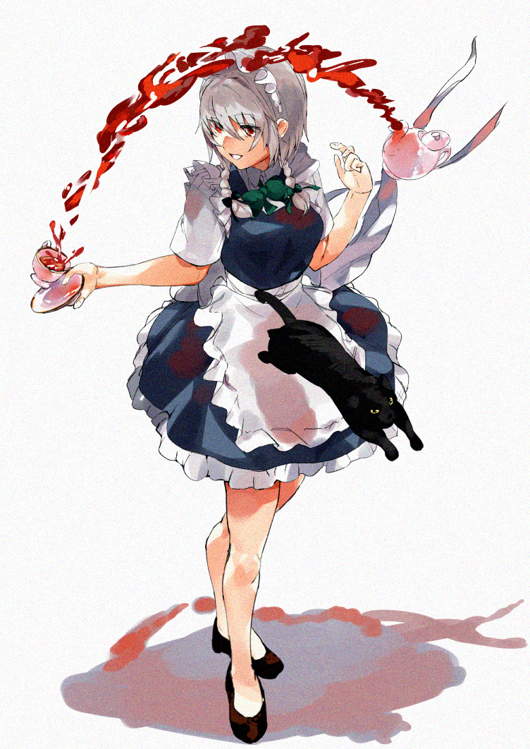 1girl apron asuzemu black_cat black_footwear blood blue_dress braid cat cup decantering dress floating frilled_apron frilled_dress frills grin hair_between_eyes hands_up holding holding_saucer izayoi_sakuya legs levitation maid maid_apron maid_headdress red_eyes saucer short_dress short_hair sideways_glance silver_hair simple_background smile solo tea teacup teapot thighs touhou twin_braids waist_apron white_background