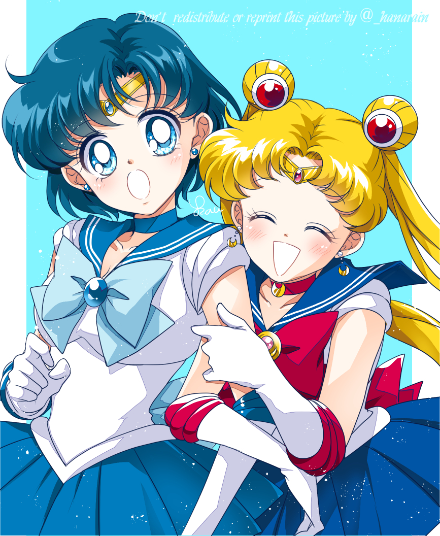 2girls :o ^_^ back_bow bishoujo_senshi_sailor_moon blonde_hair blue_bow blue_choker blue_eyes blue_hair blue_sailor_collar blue_skirt bow choker circlet closed_eyes collarbone crescent crescent_earrings double_bun earrings elbow_gloves floating_hair gloves grin hair_bun jewelry locked_arms long_hair miniskirt mizuno_ami multiple_girls pleated_skirt red_bow red_choker sailor_collar sailor_mercury sailor_moon sailor_senshi_uniform sailor_shirt sarashina_kau shirt short_hair skirt smile tsukino_usagi twintails watermark white_gloves white_shirt