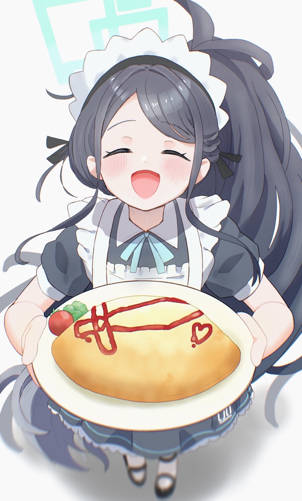 1girl alternate_costume apron aris_(blue_archive) aris_(maid)_(blue_archive) black_dress black_hair blue_archive blush closed_eyes dress food frills halo highres holding holding_plate ketchup long_hair magosoboro maid maid_apron maid_headdress official_alternate_costume omelet omurice open_mouth plate short_sleeves simple_background smile solo very_long_hair white_background