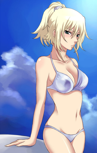 00s 1girl bikini blonde_hair blue_eyes blush breasts cleavage day female_focus gundam gundam_00 gundam_00p kuro_(pizz66) large_breasts marlene_vlady ponytail solo swimsuit white_bikini