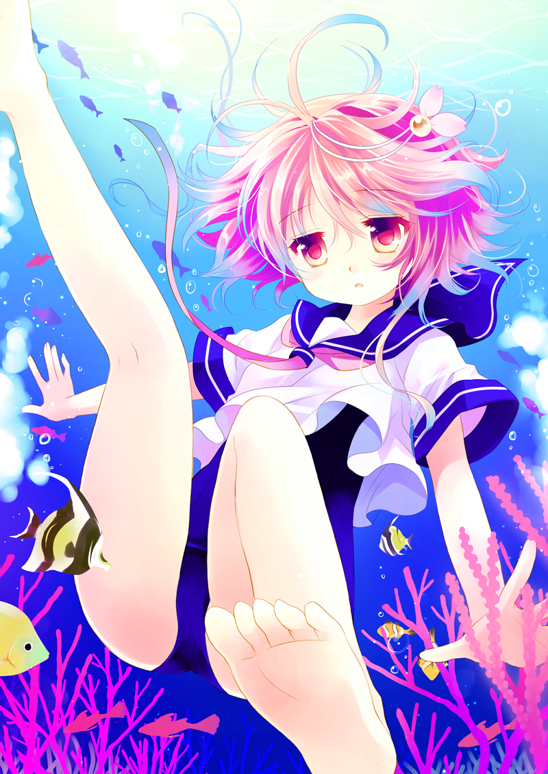 10s 1girl ahoge angelfish barefoot bubble clownfish feet female_focus fish hair_ornament i-58_(kancolle) kantai_collection moorish_idol pink_eyes pink_hair sakurazawa_izumi school_uniform serafuku short_hair soles solo swimsuit toes tropical_fish underwater water