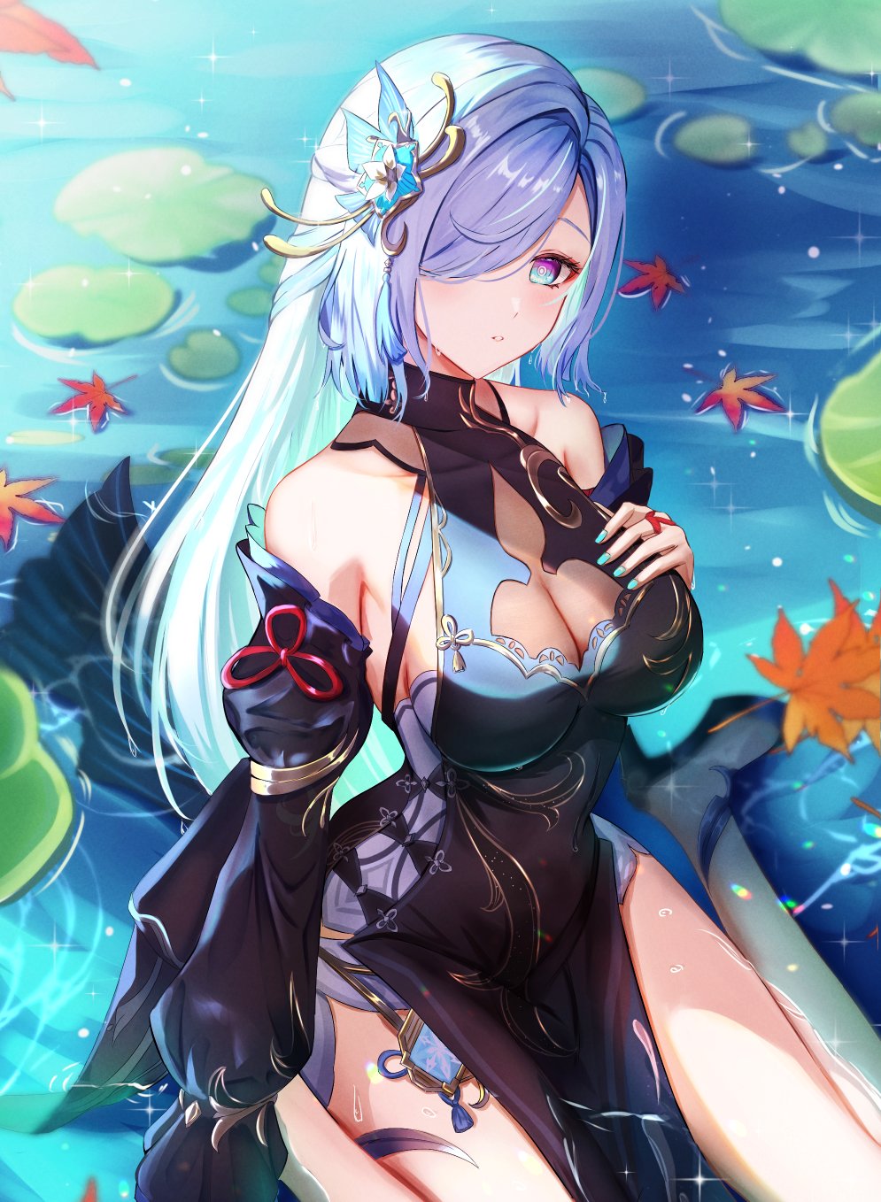 1girl autumn_leaves blue_eyes breasts gao_kawa genshin_impact grey_hair hair_ornament hair_over_one_eye highres large_breasts leaf lily_pad long_hair looking_at_viewer maple_leaf multicolored_eyes shenhe_(frostflower_dew)_(genshin_impact) shenhe_(genshin_impact) solo very_long_hair water white_hair