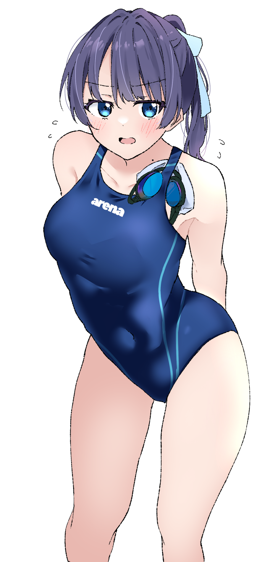 1girl averting_eyes blue_eyes blue_hair blue_one-piece_swimsuit blue_ribbon blush breasts collarbone commentary_request commission covered_navel dark_blue_hair feet_out_of_frame flying_sweatdrops goggles hair_ribbon highres jitome leaning_forward link!_like!_love_live! liz_(piyoko_piyop) long_hair love_live! medium_breasts murano_sayaka one-piece_swimsuit open_mouth ponytail ribbon sideways_glance simple_background skeb_commission solo swimsuit unworn_goggles v-shaped_eyebrows virtual_youtuber white_background