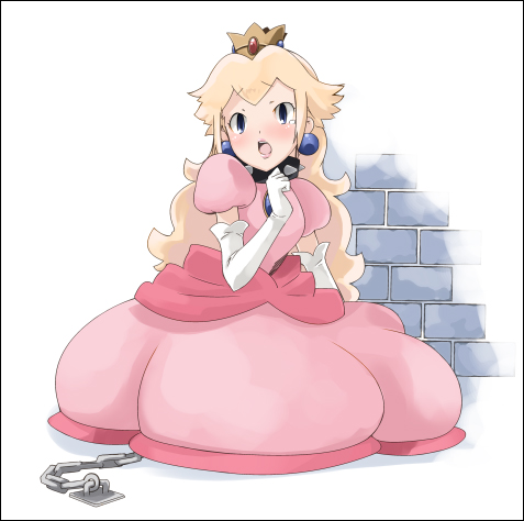 1girl aka_ume bdsm bondage bound chain collar crown dress earrings elbow_gloves female_focus gloves hat jewelry lowres mario_(series) nintendo pink_dress princess_peach solo tears