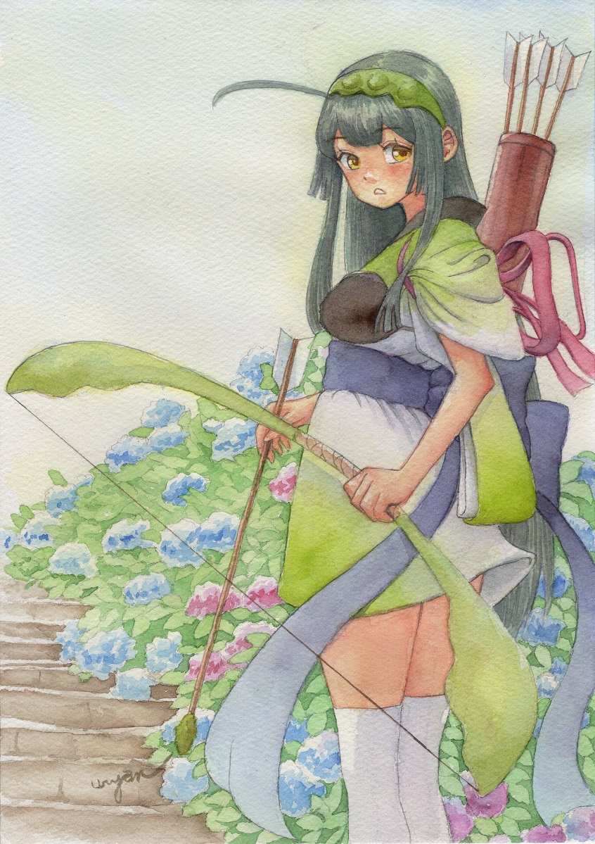 1girl ahoge arrow_(projectile) artist_name black_hair blue_flower blue_sash bow_(weapon) double-parted_bangs feet_out_of_frame flower frown gradient_clothes gradient_kimono green_hairband green_kimono hairband holding holding_arrow holding_bow_(weapon) holding_weapon hydrangea japanese_clothes kimono legs_together long_hair muneate painting_(medium) parted_lips pink_flower quiver sash short_kimono short_sleeves short_yukata signature solo stairs standing stone_stairs thighhighs touhoku_zunko traditional_media two-tone_kimono uryan! voiceroid watercolor_(medium) weapon white_kimono white_thighhighs yellow_eyes yukata