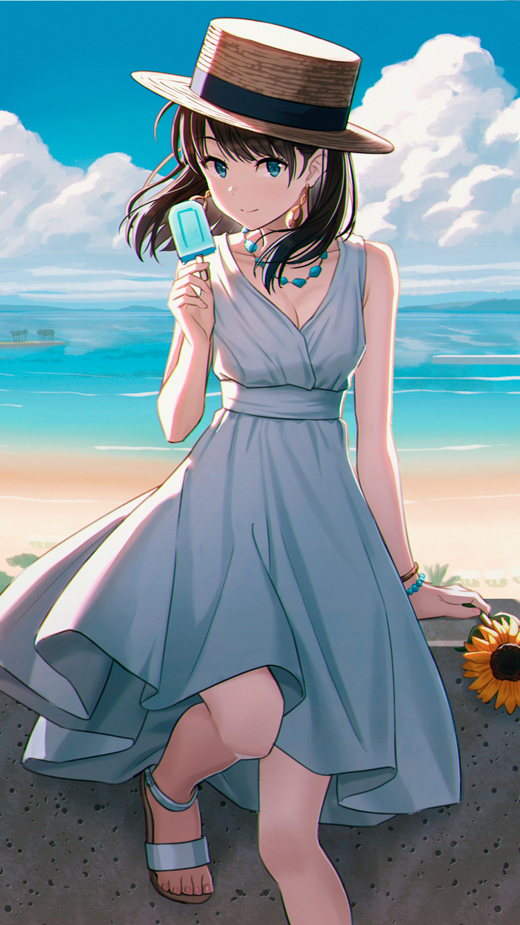 1girl backlighting bare_shoulders beach bead_bracelet beads black_hair blue_eyes bracelet breasts brown_hat cleavage cloud day dress flower food hat highres holding holding_flower hyuuga_azuri jewelry long_hair looking_at_viewer necklace ocean original outdoors popsicle sandals sitting sky sleeveless sleeveless_dress small_breasts smile solo sun_hat sundress sunflower sunlight toes white_dress