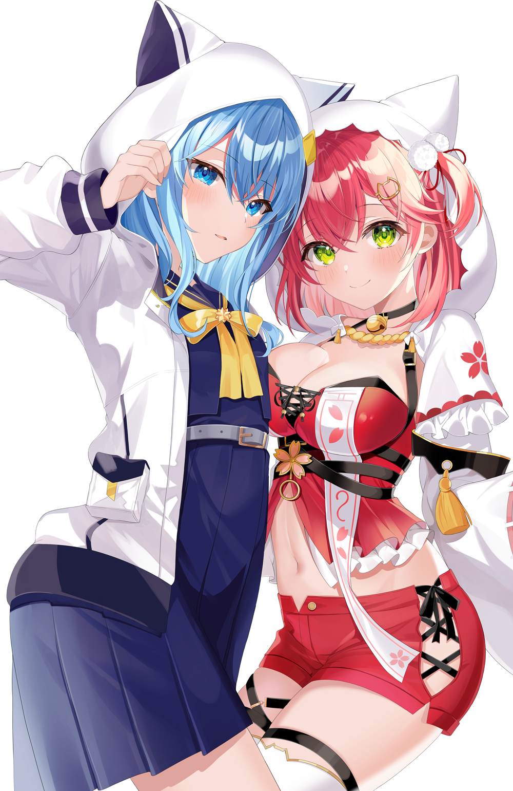 2girls bell belt black_choker blue_eyes blue_hair blue_shirt blue_skirt blush bow bowtie breasts capelet choker cleavage closed_mouth crossed_bangs green_eyes grey_belt hair_between_eyes high-waist_skirt highres hololive hood hood_up hooded_capelet hooded_jacket hoshimachi_suisei hoshimachi_suisei_(school_uniform) jacket jingle_bell large_breasts long_sleeves looking_at_viewer midriff motsunuki multiple_girls navel open_clothes open_jacket parted_lips red_hair red_shirt red_shorts sakura_miko sakura_miko_(work) shirt short_shorts shorts simple_background skirt smile thigh_strap thighhighs virtual_youtuber white_background white_jacket yellow_bow yellow_bowtie