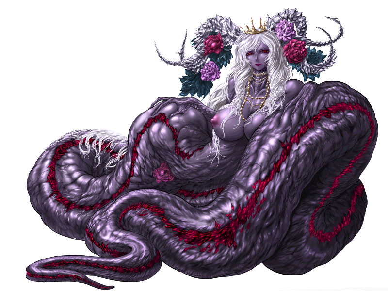 1girl absurdly_long_hair alipheese_fateburn_i bmp-to-png_conversion color_banding colored_skin crown deep_skin demon_girl flower full_body game_cg horn_flower horns huge_horns jewelry lamia leaning_on_self lips long_hair looking_at_viewer mon-musu_quest! monster_girl naglfar necklace nipples non-web_source nude pink_flower pink_rose purple_skin pussy red_eyes red_flower red_rose rose simple_background solo transparent_background uncensored very_long_hair white_hair white_horns
