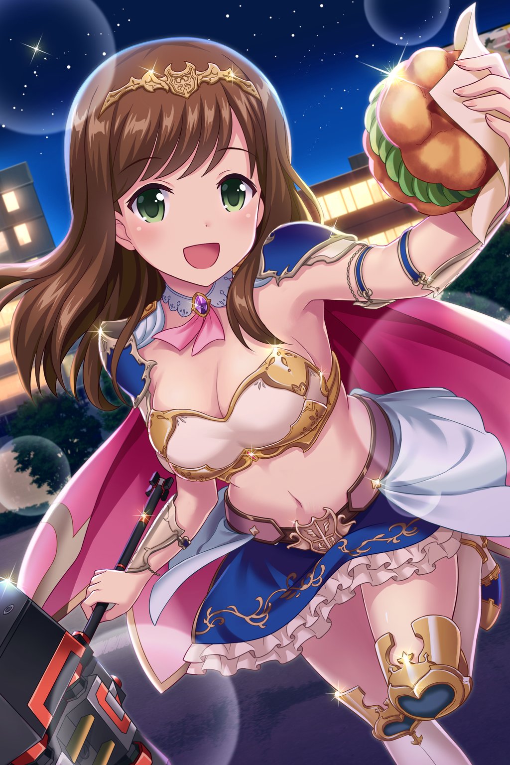 1girl alternative_girls armlet armor bikini_armor blue_skirt breasts brown_hair cape cleavage food hair_ornament highres hirose_koharu holding holding_food holding_weapon jewelry long_hair looking_at_viewer night night_sky official_art outdoors pink_cape skirt sky solo tree weapon