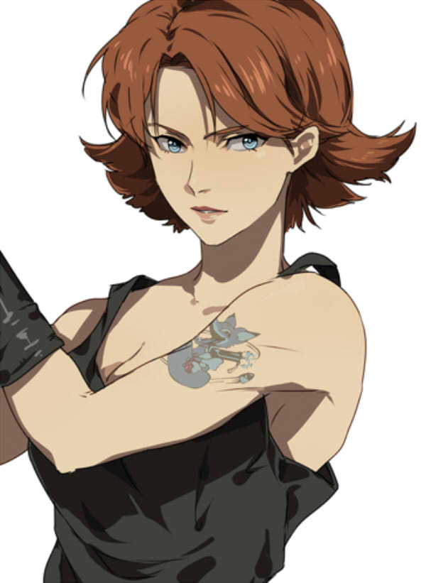 1girl bad_id bad_photobucket_id blue_eyes brown_hair flipped_hair gobeur meryl_silverburgh metal_gear_(series) metal_gear_solid resized short_hair tank_top tattoo upscaled