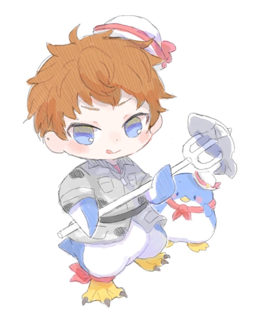 1boy :q animal animal_hands animal_legs bird blue_eyes blush busujima_rio_mason camouflage camouflage_jacket chibi dixie_cup_hat dog_tags fish flippers full_body fusion grey_jacket hat holding_trident hypnosis_mic jacket male_focus military_hat orange_hair penguin polearm red_scarf sanrio scarf short_hair simple_background sleeve_rolled_up standing suke8364 tongue tongue_out trident tuxedo_sam very_short_hair weapon white_background