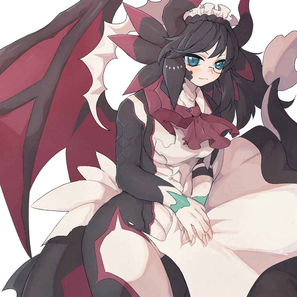 1girl asymmetrical_arms black_dress black_hair breasts dragon_girl dragon_horns dragon_tail dragon_wings dragonmaid_sheou dress duel_monster glasses horns house_dragonmaid kokodari large_breasts maid maid_headdress scales solo tail torn_clothes transformation wings yu-gi-oh!