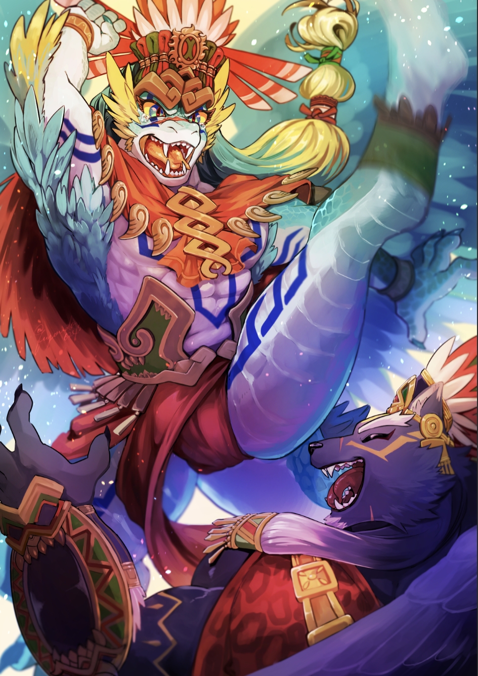 2boys animal_ears aqua_hair blonde_hair cloak colored_sclera closed_eyes fangs fangs_out feathered_wings feet_out_of_frame fingernails forked_eyebrows full_body furry furry_male fuyodo green_eyes headdress highres jaguar_boy jaguar_ears laughing leg_up loincloth long_hair multicolored_hair multiple_boys no_shirt open_mouth original pelvic_curtain scar scar_on_face sharp_fingernails smile tattoo tearing_up tears tezcatlipoca_(housamo) thick_eyebrows tokyo_houkago_summoners tongue tongue_out tribal_tattoo two-tone_hair wings yellow_sclera