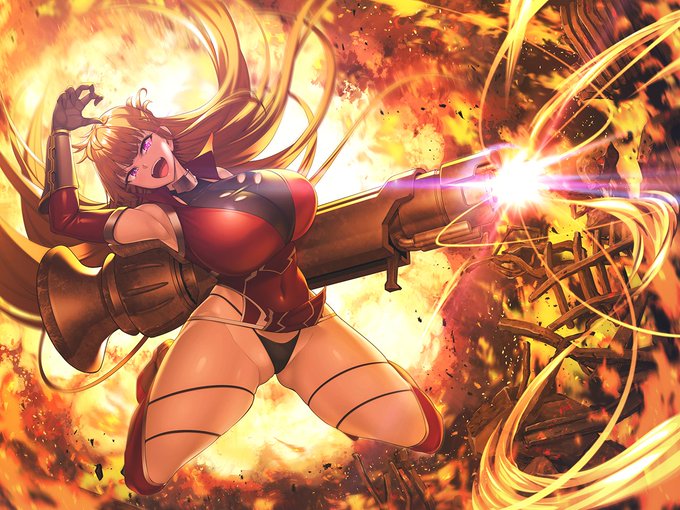 1girl ass bazooka boots breasts cigarette clothes_lift curvy dress explosion female_focus full_body highleg highleg_panties huge_breasts kamimura_maika lilith-soft long_hair looking_at_viewer panties pelvic_curtain pelvic_curtain_lift purple_eyes red_dress sian skindentation smile string_panties taimanin_(series) taimanin_asagi taimanin_rpgx thick_thighs thighs thong underwear very_long_hair weapon wide_hips