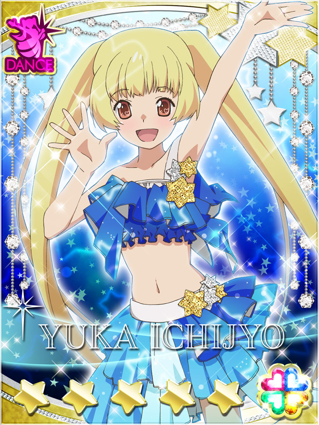 1girl :d akb0048 arm_up blonde_hair blue_background blue_skirt brown_eyes card_(medium) character_name collarbone cowboy_shot crop_top heart ichijou_yuuka long_hair looking_at_viewer midriff navel non-web_source official_art open_mouth outstretched_arm skirt smile solo sparkle standing star_(symbol) twintails very_long_hair