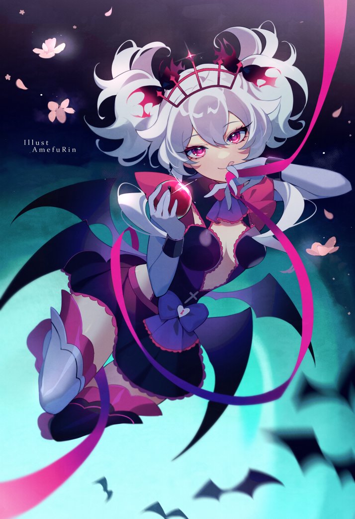 1girl :q amefurin artist_name breasts breasts_apart closed_mouth food fruit grey_hair heart heart-shaped_pupils holding holding_food indie_virtual_youtuber multiple_wings pink_eyes revealing_clothes short_hair symbol-shaped_pupils tiara tongue tongue_out virtual_youtuber wings ywuria_(vtuber)