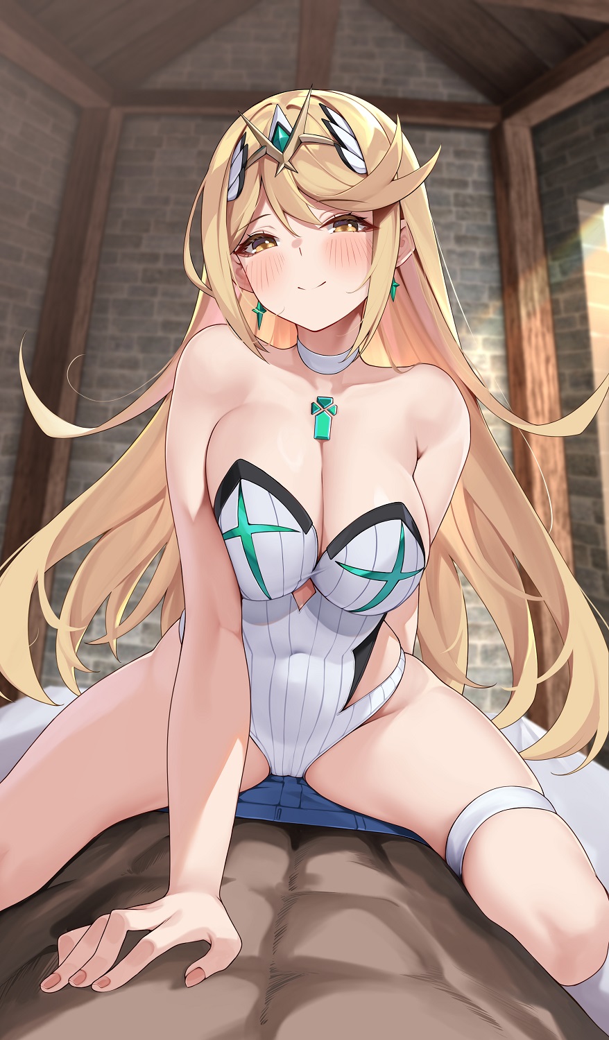 1boy 1girl abs bare_shoulders blonde_hair blush breasts chest_jewel cleavage competition_swimsuit core_crystal_(xenoblade) dark-skinned_male dark_skin highleg highleg_one-piece_swimsuit highres indoors interracial large_breasts long_hair lying matrix16 muscular muscular_male mythra_(radiant_beach)_(xenoblade) mythra_(xenoblade) on_back one-piece_swimsuit pov solo_focus straddling strapless strapless_one-piece_swimsuit swimsuit tiara white_one-piece_swimsuit xenoblade_chronicles_(series) xenoblade_chronicles_2