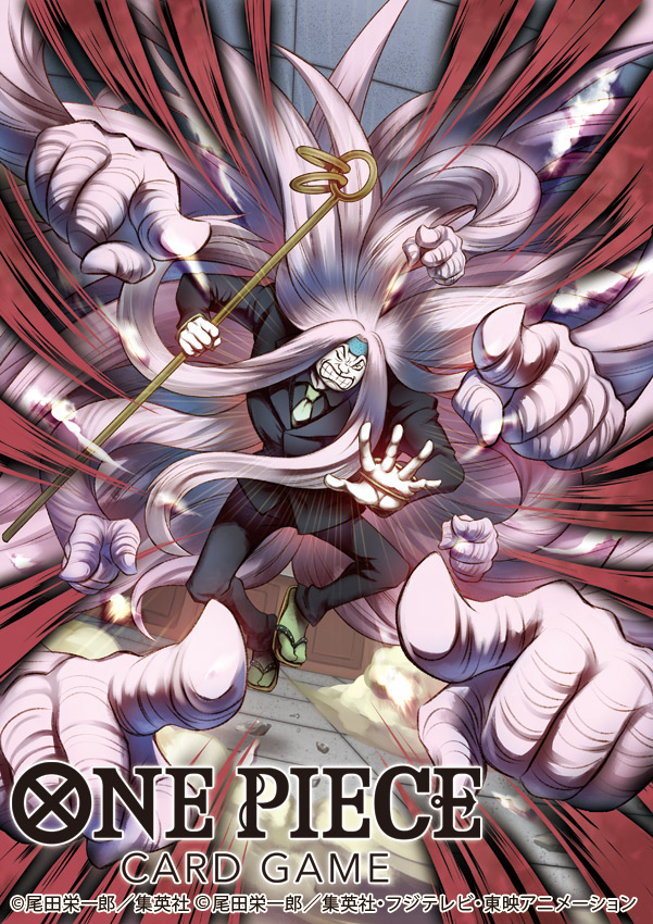 1boy aiming aiming_at_viewer black_jacket black_pants black_skirt clenched_teeth commentary_request copyright_name flip-flops formal_clothes green_socks holding incoming_attack jacket kumadori_(one_piece) long_hair looking_at_viewer male_focus nekobayashi official_art one_piece one_piece_card_game pants pink_hair sandals skirt socks solo suit teeth v-shaped_eyebrows very_long_hair