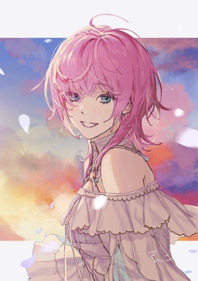 1girl ahoge blue_eyes blush commission copyright_request dress from_side looking_at_viewer looking_to_the_side medium_hair off-shoulder_dress off_shoulder parted_lips pink_hair sankomichi signature skeb_commission smile solo upper_body virtual_youtuber white_dress