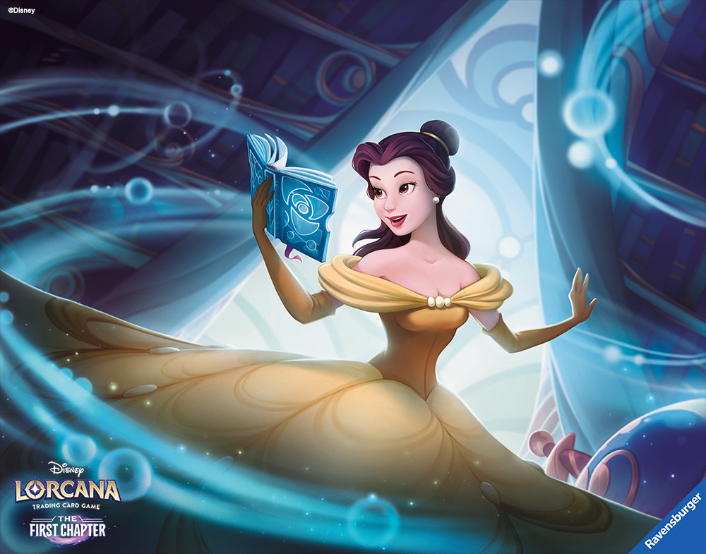 1girl alice_pisoni beauty_and_the_beast belle_(disney) book brown_eyes copyright_name disney disney_lorcana dress elbow_gloves english_text gloves holding holding_book indoors logo long_dress magic official_art red_lips signature sleeveless sleeveless_dress solo yellow_dress yellow_gloves