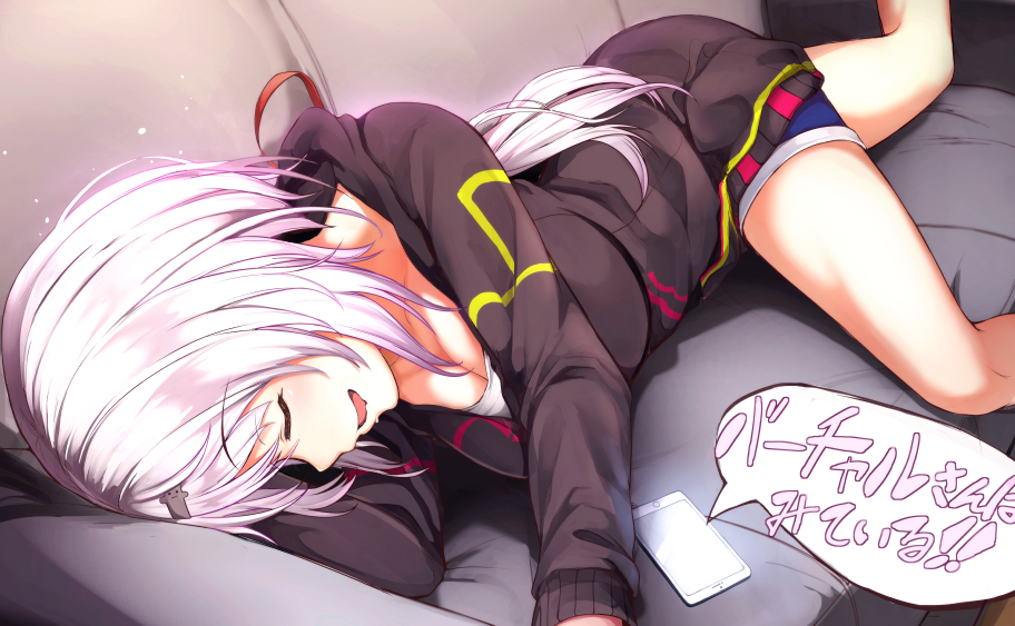 1girl 8gou breasts cellphone cleavage closed_eyes couch hair_ornament hairclip hood hoodie long_hair long_sleeves lying medium_breasts nijisanji on_side open_mouth parted_lips phone pink_hair shiina_yuika shiina_yuika_(2nd_costume) shorts sleeping smartphone smile solo virtual_youtuber