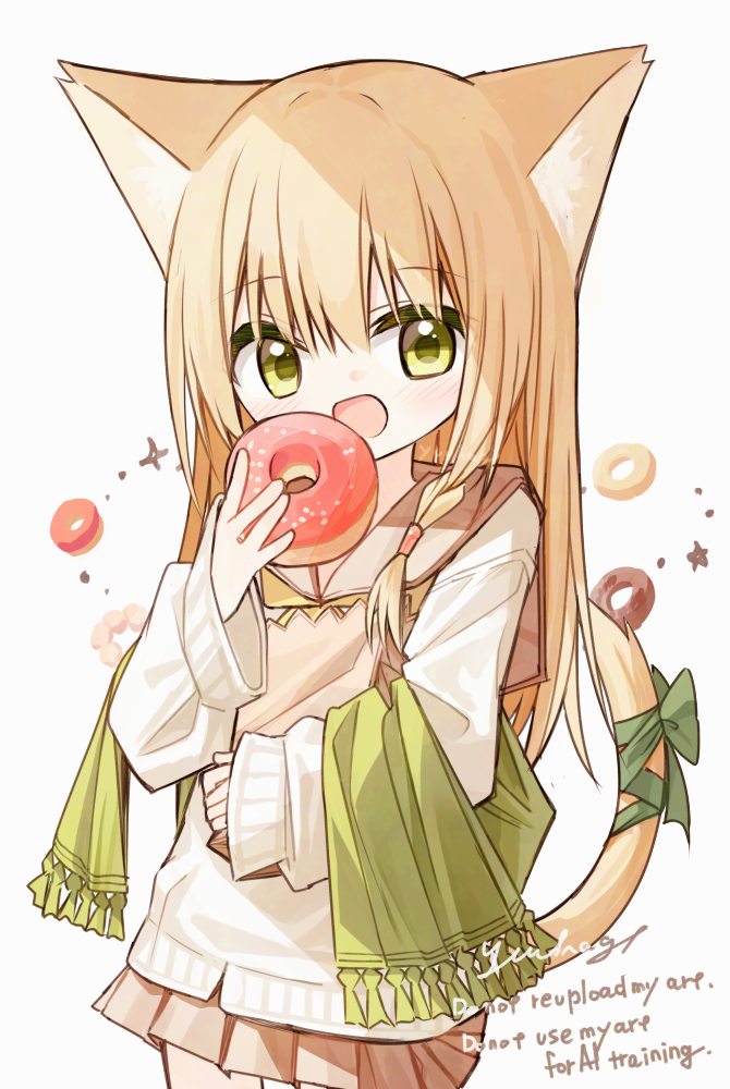 1girl :d animal_ear_fluff animal_ears bag blonde_hair blush bow braid brown_skirt cat_ears cat_girl cat_tail commentary_request donut english_text food fringe_trim green_bow green_scarf grey_background hair_between_eyes hair_over_shoulder holding holding_bag holding_food long_hair long_sleeves looking_at_viewer open_mouth original paper_bag pleated_skirt puffy_long_sleeves puffy_sleeves scarf signature simple_background skirt sleeves_past_wrists smile solo sweater tail tail_bow tail_ornament very_long_hair watermark white_sweater yellow_eyes yuuhagi_(amaretto-no-natsu)