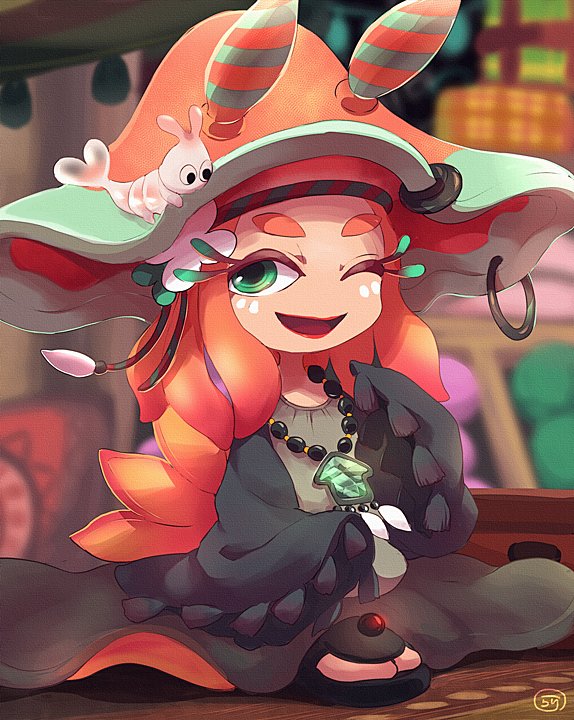 1girl baggy_clothes craymond_(splatoon) eyelashes green_eyes hat long_hair mantis_shrimp flow_(splatoon) nintendo one_eye_closed orange_hair sandals sea_slug signature smile splatoon_(series) splatoon_2